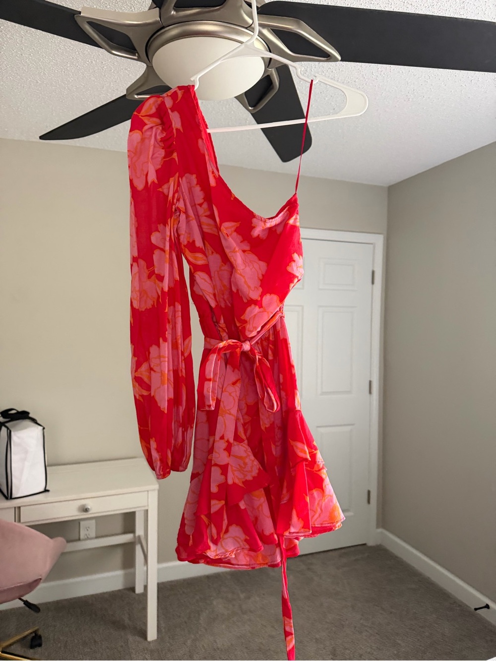 Floral One-Shoulder Mini Dress in Red and Pink
